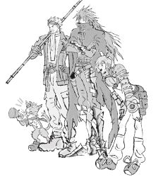 1girl 2boys armor armored_boots ascot belt boots breasts cait_sith_(final_fantasy) cape cat cid_highwind clawed_gauntlets cloak crop_top crossed_arms crown facial_hair final_fantasy final_fantasy_vii full_body gloves goggles goggles_on_head greyscale grin hand_on_own_hip headband highres holding holding_megaphone holding_polearm holding_weapon jacket jaysoysaucee leaning_forward long_hair loose_socks medium_breasts megaphone midriff mini_crown monochrome multiple_belts multiple_boys open_mouth pants pauldrons polearm shoes short_hair shoulder_armor single_pauldron sketch smile sneakers socks stubble teeth tuxedo_cat vincent_valentine weapon white_ascot white_background yuffie_kisaragi