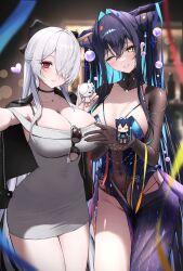 2girls absurdres bar_(place) black_choker black_hair black_jacket blue_hair bra_strap breasts bubble choker cinderella_(nikke) commentary dress drill_hair english_commentary goddess_of_victory:_nikke grey_dress hair_intakes hair_ribbon heart highres holding_chibi horns jacket jacket_on_shoulders jewelry large_breasts little_mermaid_(nikke) long_hair looking_at_viewer multiple_girls navel necklace off-shoulder_dress off_shoulder one_eye_closed red_eyes ribbon smile sunglasses thighs umbsy_gi unworn_eyewear white_hair yellow_eyes