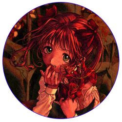 1girl border bow bowtie collared_shirt fangs flower green_eyes hair_bow holding holding_flower long_sleeves looking_at_viewer masatokinaino medium_hair open_mouth orange_hair petals_in_mouth red_bow red_flower round_border round_image sayonara_wo_oshiete school_uniform shirt solo tamachi_mahiru teeth transparent_background twintails vest white_shirt