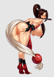 Rule 34 | 1girl, ass, bent over, breasts, censored, fatal fury, feet up, female focus, from behind, full body, hand fan, large breasts, long hair, looking back, mosaic censoring, mouth hold, nipples, ponytail, presenting, pussy, shiranui mai, solo, the king of fighters
