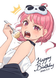 Rule 34 | 1girl, black choker, blush, choker, commentary request, cream, cream on face, crown, food, food on face, fork, from side, happy birthday, highres, holding, holding fork, looking at viewer, mask, mask on head, mole, mole under eye, nijisanji, off shoulder, open mouth, pink eyes, pink hair, sasaki saku, sasaki saku (8th costume), shin toro, shirt, sleep mask, solo, sweatdrop, teeth, virtual youtuber, white background, white shirt