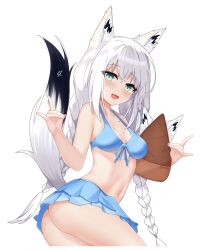 1girl absurdres animal_ear_fluff animal_ears ass bare_shoulders bikini blue_bikini blush braid breasts collarbone fox_ears fox_girl fox_shadow_puppet fox_tail highres hololive long_hair looking_at_viewer medium_breasts navel open_mouth pentagram shirakami_fubuki shirakami_fubuki_(hololive_summer_2019) side_braid simple_background smile solo stomach swimsuit tail virtual_youtuber vitly white_background white_hair