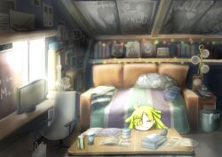 1girl aki_mabayu bedroom blanket clock closed_eyes couch green_hair highres indoors juudo_ni_seiheki_kojireta_madoka_suki kishimen_hair magia_record:_mahou_shoujo_madoka_magica_gaiden mahou_shoujo_madoka_magica pillow poster_(object) scissors_hair_ornament sleeping solo trash_can window