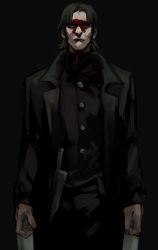 1boy black_background black_coat black_hair black_shirt blood blood_on_face chainsaw_man coat dark_background highres hybrid katana katana_man_(chainsaw_man) knife looking_up male_focus medium_hair nakano_(2_mannaka) shirt sideburns simple_background solo sword trench_coat weapon