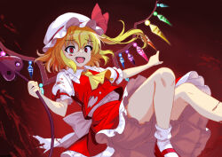 1girl ascot blonde_hair bloomers crystal_wings fang flandre_scarlet full_body hat hat_ribbon laevatein_(touhou) looking_at_viewer mist9801km mob_cap open_mouth puffy_short_sleeves puffy_sleeves red_eyes red_skirt red_vest ribbon shirt shoes short_hair short_sleeves side_ponytail skirt smile solo thighs touhou underwear vest wings yellow_ascot