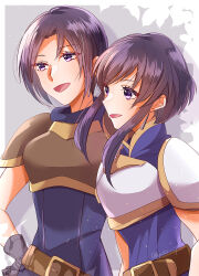 2girls armor armored_dress belt belt_buckle breastplate brown_armor brown_belt buckle commentary_request creidne_(fire_emblem) dress fire_emblem fire_emblem:_genealogy_of_the_holy_war hand_on_own_hip height_difference highres larcei_(fire_emblem) multiple_girls nintendo open_clothes pauldrons purple_dress purple_eyes short_hair short_hair_with_long_locks shoulder_armor sidelocks sleeveless sleeveless_dress smile white_armor yutohiroya