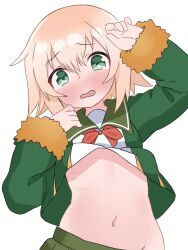 1girl blonde_hair blush bow bowtie clothes_lift embarrassed flat_chest fur-trimmed_jacket fur_trim green_eyes green_jacket jacket kantai_collection loli long_sleeves looking_at_viewer lying matsu_(pixiv_115467950) navel open_clothes open_jacket open_mouth red_bow red_bowtie school_uniform serafuku shimushu_(kancolle) shirt shirt_lift short_hair tears white_background white_shirt
