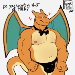 1boy artist_name bara belly black_male_underwear bulge charizard closed_mouth commentary dragon_boy dragon_horns dragon_tail dragon_wings english_commentary english_text frankmotta furry furry_male gen_1_pokemon heart horns looking_at_viewer male_focus male_underwear nintendo nipples pokemon pokemon_(creature) smile tail topless_male underwear white_background wings