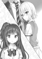 1boy 2girls blush bow bowtie braid collared_shirt commentary_request eye_contact greyscale hair_between_eyes hair_ornament hair_scrunchie head_out_of_frame highres jacket lapels long_hair looking_at_another looking_at_viewer looking_to_the_side momoko_(momopoco) monochrome multiple_girls necktie notched_lapels novel_illustration official_art one_side_up open_clothes open_jacket open_mouth oshiego_ni_kyouhaku_sareru_no_wa_hanzai_desu_ka? school_uniform scrunchie second-party_source shirt short_hair short_sleeves striped_bow striped_bowtie striped_clothes tsutsukakushi_seika uzurano_toe wing_collar