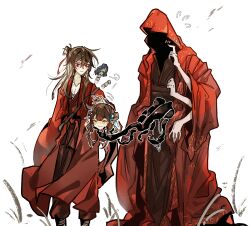 Rule 34 | 1boy, 1girl, 1other, bandaged leg, bandages, black hair, black hanfu, bone, brown hair, chinese clothes, chinese commentary, cloak, closed eyes, coat, collarbone, dao gui yi xian, double bun, extra arms, faceless, fingernails, flower, flying sweatdrops, grass, hair bun, hair flower, hair ornament, hair ribbon, half updo, hand on another&#039;s head, hanfu, highres, hood, hood up, hooded cloak, li huowang, li sui (princess anping), long hair, long sleeves, monster, monster girl, pectoral cleavage, pectorals, red cloak, red coat, red eyes, red hanfu, red nails, red ribbon, ribbon, robe, sharp fingernails, simple background, single hair bun, smile, spine, spine sword, sword, sword on back, tentacles, weapon, weapon on back, white background, wide sleeves, xuan pin, yizhijingyedezhizhu