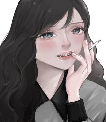 1girl absurdres black_hair braces cigarette grey_eyes hand_up highres long_hair looking_at_viewer noyu_xxx original smoking upper_body