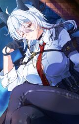 Rule 34 | 1girl, arm pouch, armband, black armband, black choker, black gloves, black horns, black pants, black pouch, breasts, button gap, chest harness, choker, closed mouth, collared shirt, commentary, curled horns, gloves, grey hair, hair between eyes, hand up, harness, highres, horns, large breasts, long hair, mole, mole under eye, multicolored hair, necktie, one eye closed, pants, red eyes, red necktie, shirt, shirt tucked in, solo, streaked hair, teardrop, tight clothes, tight pants, white shirt, wuthering waves, yuyuhi gm, zani (wuthering waves)