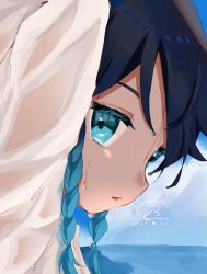 1boy androgynous black_hair blue_hair braid cloud cloudy_sky commentary_request dated day genshin_impact gradient_hair kurorin5 long_sleeves looking_at_viewer male_focus multicolored_hair ocean open_mouth shirt short_hair_with_long_locks signature simple_background sky solo twin_braids venti_(genshin_impact) wet wet_clothes wet_shirt white_shirt