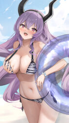 1girl alternate_costume arknights bikini black_horns blue_sky blush breasts cleavage commentary_request day fake_horns grabbing_own_breast hair_between_eyes highres holding holding_swim_ring horns huge_horns innertube kyuu_(q_des9) large_breasts long_hair looking_at_viewer navel nose_blush open_mouth outdoors purple_eyes purple_hair sky solo standing striped_bikini striped_clothes swim_ring swimsuit thighs typhon_(arknights) very_long_hair wet