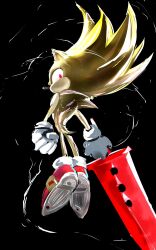 1boy animal_ears animal_nose black_background final_fantasy final_fantasy_sonic_x flying furry furry_male gloves hedgehog_boy highres holding holding_sword holding_weapon huge_weapon looking_down male_focus red_eyes red_shoes shoes sonic_(series) sonic_the_hedgehog super_sonic sword venommoe weapon white_gloves yellow_fur