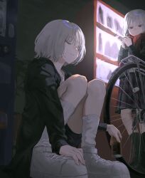 2girls absurdres bicycle black_jacket black_shorts black_skirt can canned_coffee closed_eyes colored_eyelashes drink_can highres holding holding_can jacket kyano_(kyanora3141) light_smile multiple_girls open_clothes open_jacket original plaid_clothes plaid_skirt plant pleated_skirt potted_plant red_scarf scarf shoes shorts skirt socks squatting vending_machine white_hair white_shoes white_socks