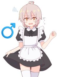 1boy @_@ ahoge apron bare_arms blush clenched_hand colored_inner_hair commentary cowboy_shot crossdressing embarrassed frilled_apron frills grey_hair hair_between_eyes highres looking_at_viewer maid maid_apron maid_day male_focus male_maid mars_symbol multicolored_hair onii-chan_wa_oshimai! open_mouth orange_eyes oyama_mahiro_(male) pink_hair puffy_short_sleeves puffy_sleeves shaded_face short_sleeves simple_background skirt_hold solo squiggle sweatdrop thigh_gap thighhighs translated trap two-tone_hair white_apron white_background white_thighhighs wow_357 zettai_ryouiki