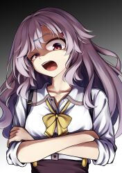 1girl angry bow bowtie collarbone collared_shirt commentary crossed_arms eyebrows_hidden_by_hair grey_background grey_hair gyaru hair_between_eyes hair_ornament hairclip half-closed_eye highres kinoshita_kaede kogal long_hair long_sleeves looking_at_viewer looking_down mizuka_academy_school_uniform open_mouth red_eyes school_uniform sesen2000 shaded_face shirt sidelocks simple_background skirt sleeves_rolled_up solo straight-on suspender_skirt suspenders teeth tenshi_souzou_re-boot! tongue upper_body upper_teeth_only v-shaped_eyebrows wavy_hair white_shirt yellow_bow yellow_bowtie