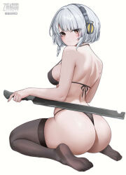1girl absurdres anby_demara artist_name ass bikini black_bikini black_thighhighs breasts commentary facebook_logo headphones highres holding holding_sword holding_weapon instagram_logo looking_at_viewer medium_breasts orange_hair pixiv_logo seba_(alboldkm) seiza short_hair sideboob simple_background sitting soles solo swimsuit sword thighhighs toes twitter_x_logo weapon white_background white_hair zenless_zone_zero