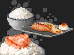 bowl butter daikon filet food food_focus grey_background highres hisachan55cute lobster_tail no_humans original pixel_art plate radish rice rice_bowl salmon scenery simple_background steaming_food