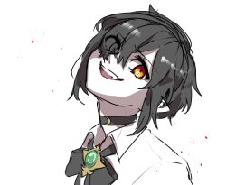 Rule 34 | 1boy, black bow, black bowtie, black choker, black hair, bow, bowtie, choker, collared shirt, commentary request, datenshi no fu, despair god morroc, eyes visible through hair, green bow, green bowtie, hair between eyes, highres, looking at viewer, male focus, open mouth, orange eyes, ragnarok masters, ragnarok online, shaft look, shirt, short hair, simple background, smile, solo, upper body, white background, white shirt