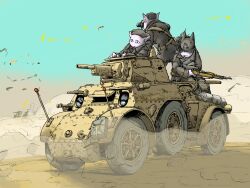 3boys armored_personnel_carrier armored_vehicle blue_sky bolt_action carcano day dust_cloud gun highres holding holding_gun holding_weapon machine_gun motor_vehicle multiple_boys original rifle sky weapon wheel yabarn