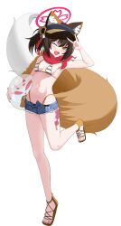 1girl ;d absurdres animal_ear_fluff animal_ears arm_up ball beachball bikini black_hair blue_archive blue_shorts blush breasts brown_tail commentary_request denim fang flower fox_ears fox_girl fox_shadow_puppet fox_tail full_body hair_between_eyes halo highleg highleg_bikini highres holding holding_ball holding_beachball izuna_(blue_archive) izuna_(swimsuit)_(blue_archive) jigaghada_(rm8542) korean_commentary looking_at_viewer micro_shorts navel official_alternate_costume one_eye_closed open_fly open_mouth pink_halo sandals short_hair shorts simple_background skin_fang smile solo standing standing_on_one_leg sunflower swimsuit tail tassel toenails toes visor_cap white_background white_bikini white_tail yellow_flower