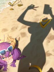 2girls absurdres aura_(sousou_no_frieren) aura_bullying_(meme) beach blue_eyes braid demon_girl demon_horns disembodied_head dressed_shadow_(meme) eyewear_on_head frieren highres horns implied_nudity jewelry khyle. meme multiple_girls necklace outdoors purple_hair sand selfie shadow short_hair solo sousou_no_frieren sunglasses taking_picture tinted_eyewear water
