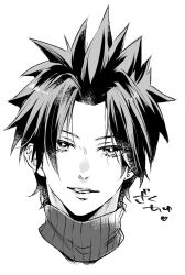 Rule 34 | 1boy, black hair, commentary request, crisis core final fantasy vii, earrings, final fantasy, final fantasy vii, gogochi55, greyscale, jewelry, looking at viewer, male focus, monochrome, parted bangs, parted lips, portrait, ribbed sweater, short hair, signature, simple background, solo, spiked hair, straight-on, stud earrings, sweater, turtleneck, turtleneck sweater, upper body, white background, zack fair