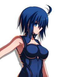 1girl ahoge armpits blue_eyes blue_hair breasts ciel_(tsukihime) collared_shirt diamond_cutout from_side highres looking_at_viewer medium_breasts shadow shirt short_hair simple_background sleeveless sleeveless_shirt solo tsukihime tsukihime_(remake) white_background zeon132