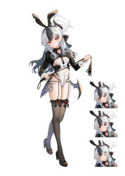 alternate_costume animal_ear_hairband animal_ears black_choker black_horns black_shrug black_thighhighs blue_archive choker cuffs demon_horns demon_wings ear_piercing earclip fake_animal_ears full_body garter_straps grey_halo hair_ribbon hairband halo handcuffs highres horns kayoko_(blue_archive) leotard long_hair multicolored_hair multiple_expressions multiple_views navel piercing playboy_bunny rabbit_ear_hairband rabbit_ears red_eyes rero_(bigdoorbig2) ribbon shrug_(clothing) single_wing solo strapless strapless_leotard thighhighs two-tone_hair whip white_background white_hair white_leotard white_wrist_cuffs wings wrist_cuffs