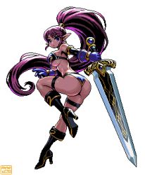 1girl armor ass bikini bikini_armor black_bikini black_boots blue_eyes blue_gloves boots breasts cleavage earrings full_body gloves high_heel_boots high_heels highres holding holding_sword holding_weapon jewelry large_breasts long_hair looking_at_viewer mabius original pixel_art pointy_ears ponytail purple_hair simple_background swimsuit sword thigh_strap very_long_hair warrior weapon white_background