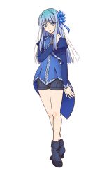 1girl blue_eyes blue_flower blue_hair blue_shoes blunt_bangs breasts closed_mouth flower full_body hair_flower hair_ornament isekai_ojisan long_hair long_sleeves looking_at_viewer mabel_raybert oota_kazuhiro puffy_sleeves shoes short_shorts shorts simple_background solo standing straight_hair thighs transparent_background