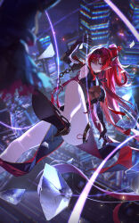 1girl absurdres bare_legs black_gloves black_hairband black_shoes blurry blurry_foreground breasts broken_glass circle_facial_mark commentary earrings elbow_gloves full_body glass gloves hair_between_eyes hair_ornament hair_stick hairband high_heels highres jewelry katsuyamamage large_breasts legs lkeris long_hair looking_at_viewer mark_under_both_eyes midair night outdoors pointy_ears purple_eyes red_hair shoes solo tacet_mark_(wuthering_waves) very_long_hair wuthering_waves yinlin_(wuthering_waves)