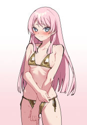 1girl absurdres bang_dream! bang_dream!_it&#039;s_mygo!!!!! bare_arms bare_shoulders bikini blush breasts breasts_apart chihaya_anon chinese_commentary chubb closed_mouth collarbone commentary_request covered_erect_nipples cowboy_shot embarrassed gluteal_fold gold_bikini gradient_background grey_eyes groin halterneck hand_on_own_arm highres long_hair looking_ahead medium_breasts navel nose_blush pink_background pink_hair raised_eyebrows side-tie_bikini_bottom sidelocks solo standing stomach string_bikini sweat swimsuit white_background