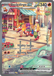 akikan_(kantaro) artist_name awning bag black_sclera black_shorts black_socks blue_bag blue_shirt brown_hair brown_shoes car card_(medium) character_name colored_sclera company_name copyright_name copyright_notice crocalor crocodilian cup english_text fire flower green_pants grey_shirt hanging_plant hat holding holding_bag holding_cup lamppost lens_flare menu_board motor_vehicle multiple_boys nintendo official_art open_door open_mouth outdoors pants plant poke_ball_theme pokemon pokemon_(creature) pokemon_card pokemon_tcg pole potted_plant red_flower red_petals red_shoes road shirt shoes short_hair shorts sign skeledirge socks street third-party_source trading_card tree white_hat white_shirt yellow_eyes