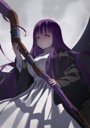 Rule 34 | 1girl, absurdres, black jacket, breasts, closed mouth, dress, expressionless, fern (sousou no frieren), full moon, highres, holding, holding staff, jacket, large breasts, long hair, looking at viewer, mage staff, moon, night, night sky, purple eyes, purple hair, selopangji, sky, solo, sousou no frieren, staff, very long hair, white dress