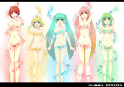 5girls :d :o absurdres aqua_eyes aqua_hair armpits arms_behind_back arms_behind_head arms_up bad_id bad_pixiv_id bare_arms bare_legs bare_shoulders blue_eyes breasts brown_eyes brown_hair censored cleavage collarbone convenient_censoring female_focus gradient_hair green_hair gumi hatsune_miku highres kagamine_rin large_breasts legs lineup long_hair medium_breasts megurine_luka meiko_(vocaloid) multicolored_hair multiple_girls music musical_note navel neck nude open_mouth pink_hair round_teeth seiyoukun short_hair singing small_breasts smile standing teeth thigh_gap twintails very_long_hair vocaloid