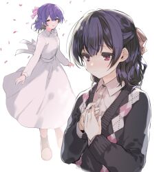 1girl black_sweater blush breasts closed_mouth collared_shirt commentary_request dress falling_petals hair_ornament hair_ribbon hands_up idolmaster idolmaster_shiny_colors long_sleeves medium_hair morino_rinze multiple_views own_hands_together parted_lips petals pink_ribbon purple_hair red_eyes ribbon shirt shotan simple_background small_breasts sweater white_background white_dress white_shirt yellow_ribbon