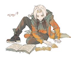 1boy book closed_mouth coat edward_elric fullmetal_alchemist gloves highres looking_down male_focus paper partially_colored reading red_coat simple_background solo white_background white_gloves xue_ezi