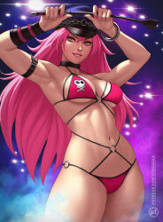 1girl armpits arms_up bangle big_hair bikini biting_own_lip black_armlet bracelet breasts female_focus final_fight fingernails hat highres holding holding_riding_crop jewelry large_breasts linea_alba long_hair looking_at_viewer makeup mascara mole mole_on_breast mole_on_thigh multiple_moles nail_polish navel o-ring o-ring_bikini peaked_cap pink_bikini pink_nails poison_(final_fight) print_bikini purple_eyes purple_hat riding_crop sideboob single_vambrace smile solo spaghetti_strap stage_lights strap_gap street_fighter street_fighter_iv_(series) suddakka swimsuit thick_thighs thighs toned toned_female underboob vambraces variant_set