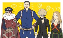Rule 34 | 1girl, 3boys, angry, bakugou katsuki, bakugou katsuki (cosplay), belt, black eyes, black hair, blonde hair, blue eyes, boku no hero academia, breasts, brown hair, buzz cut, cape, cleavage, clothes swap, cosplay, elbow sleeve, fur trim, gloves, grey eyes, hat, height difference, heterochromia, kadeart, long hair, medium breasts, multicolored hair, multiple boys, pectoral cleavage, pectorals, red hair, short hair, spiked hair, superhero costume, todoroki shouto, todoroki shouto (cosplay), utsushimi kemii, utsushimi kemii (cosplay), very short hair, white hair, yoarashi inasa, yoarashi inasa (cosplay)