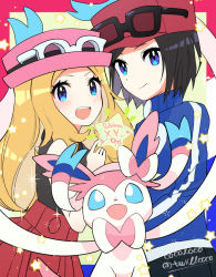 1boy 1girl :d anniversary black-framed_eyewear black_hair blue_eyes blue_jacket blush calem_(pokemon) cocoloco commentary_request copyright_name eyelashes eyewear_on_headwear gen_6_pokemon hat jacket long_hair nintendo open_mouth pink_headwear pokemon pokemon_(creature) pokemon_xy red_headwear red_skirt serena_(pokemon) short_hair signature skirt smile star_(symbol) sunglasses sylveon teeth turtleneck turtleneck_jacket twitter_username upper_teeth_only watermark white-framed_eyewear