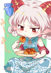Rule 34 | 1girl, blue bow, blue dress, border, bow, chinese clothes, crossed legs, crumbs, detached sleeves, dress, earrings, eating, facing viewer, food, food bite, food on face, goat horns, holding, holding plate, hoop earrings, horns, jewelry, kimi3735, looking at food, medium hair, plate, pointy ears, red eyes, red horns, single tear, sitting, sleeveless, sleeveless dress, solo, steam, sweatdrop, takoyaki, touhou, toutetsu yuuma, white border, white hair