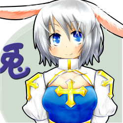 1girl animal_ears arch_bishop_(ragnarok_online) blue_dress blue_eyes blush breasts cleavage_cutout closed_mouth clothing_cutout commentary_request cross dress droopy_ears grey_hair guuya juliet_sleeves long_sleeves looking_at_viewer medium_breasts puffy_sleeves rabbit_ears rabbit_girl ragnarok_online short_hair smile solo two-tone_dress upper_body white_dress