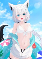1girl absurdres ahoge animal_ear_fluff animal_ear_piercing animal_ears arms_behind_back bikini blue_sky blush braid breasts cleavage cloud collarbone fox_ears fox_girl fox_tail green_eyes gunknown hair_between_eyes halterneck highres hololive innertube jacket large_breasts long_hair navel o-ring o-ring_top open_clothes open_jacket open_mouth pentagram shirakami_fubuki side_braid sky smile solo stomach swim_ring swimsuit tail very_long_hair virtual_youtuber white_bikini white_hair white_jacket