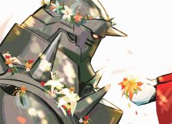 2boys alphonse_elric andythelemon armor brothers edward_elric flower flower_wreath fullmetal_alchemist giving gloves holding holding_flower jacket living_clothes long_sleeves male_focus multiple_boys orange_flower red_flower red_jacket siblings white_background white_flower white_gloves