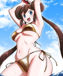 1girl :d arms_up ball beachball bikini blue_eyes blue_sky breasts brown_hair cowboy_shot day double_bun gold_bikini hair_bun highres holding holding_ball holding_beachball large_breasts long_hair navel nintendo nutkingcall open_mouth poke_ball poke_ball_(basic) pokemon pokemon_bw2 rosa_(pokemon) side-tie_bikini_bottom sky smile solo stomach swimsuit twintails very_long_hair wet