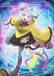 asukamama89 boots bow-shaped_hair character_hair_ornament fake_hair_bun grey_boots grey_pantyhose hair_ornament hexagon_print highres iono_(pokemon) jacket multicolored_hair oversized_clothes pantyhose pokemon pokemon_sv sharp_teeth single_leg_pantyhose sleeves_past_fingers sleeves_past_wrists split-color_hair teeth two-tone_hair very_long_sleeves x yellow_jacket