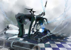 Rule 34 | 10s, 2girls, artist name, bad id, bad pixiv id, bikini, bikini top only, black bikini, black boots, black dress, black hair, black leggings, black rock shooter, black rock shooter (character), black shorts, blue eyes, boots, chain, claws, dead master, dress, front-tie bikini top, front-tie top, glowing, glowing eye, i-riya, knee boots, leggings, long hair, multiple girls, pale skin, scar, scar on stomach, shorts, swimsuit, sword, twintails, vocaloid, watermark, weapon, web address